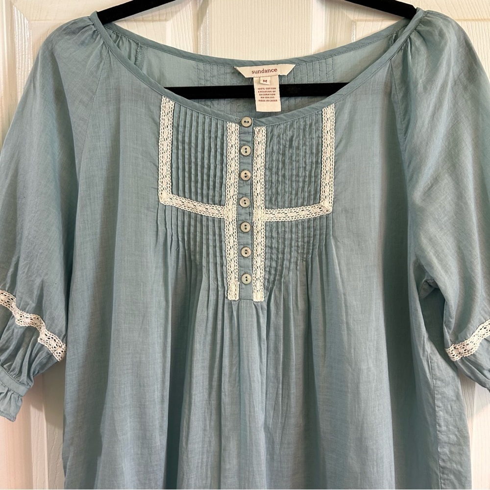Sundance Pleated Blue Tunic Peasant Cottagecore Cotton Prairie Romantic Sz Med - Picture 2 of 10